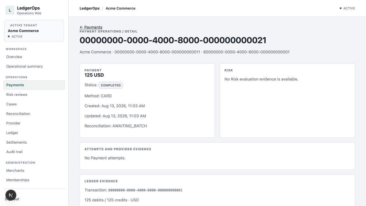 LedgerOps Payment detail showing a completed Payment and its balanced Ledger evidence